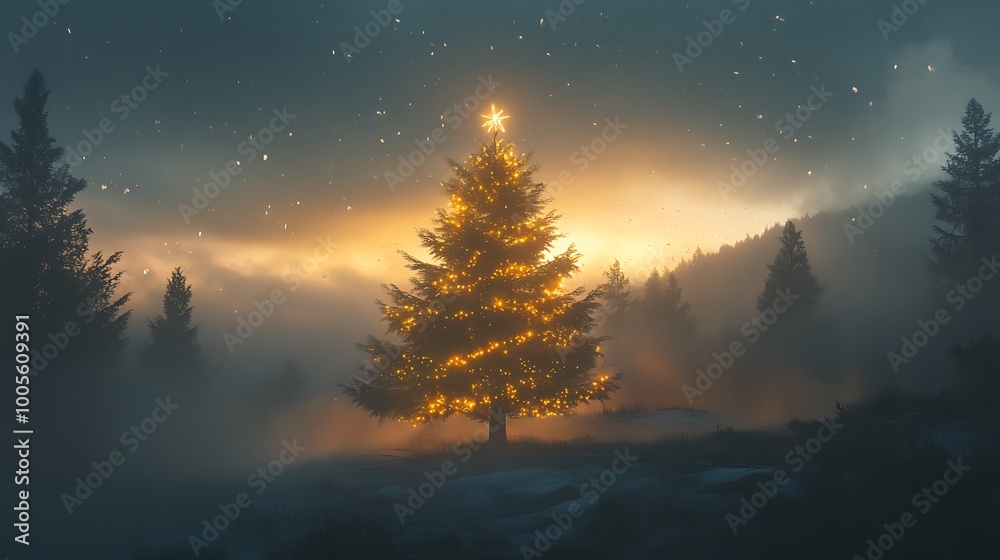 Neon Christmas tree in a snowy forest Neon Christmas tree in a snowy forest