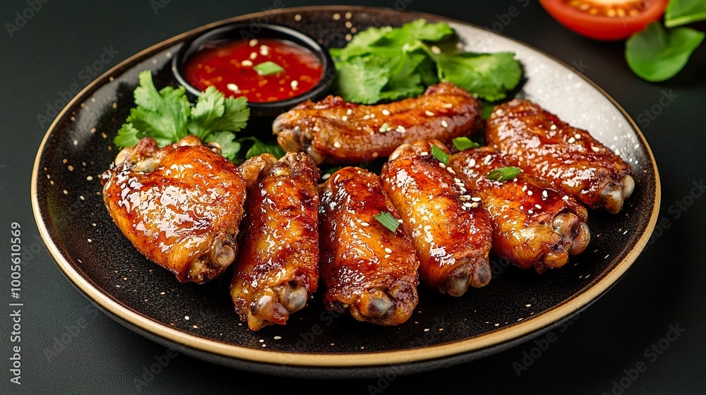 A menu of fried chicken wings arranged on a plate. Thai ASEAN food, rich in protein, vegetables, spices, grilled or fried. Fast food, convenient, fast, delicious taste. .generative ai A menu of fried chicken wings arranged on a plate. Thai ASEAN food, rich in protein, vegetables, spices, grilled or fried. Fast food, convenient, fast, delicious taste. .generative ai