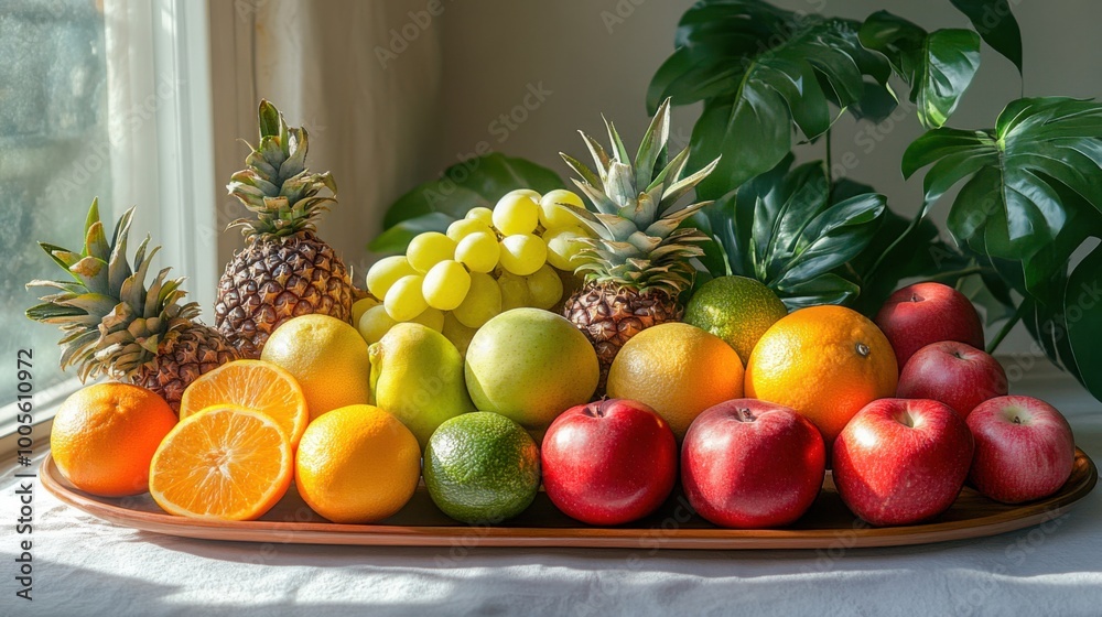 Fresh assorted fruits on wooden platter near window with natural light indoors