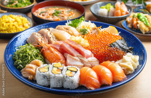  A large blue plate with an assortment of sushi, sashimi, and rolls on it. The bowl in the background contains miso soup, and there is also rice. Created with Ai