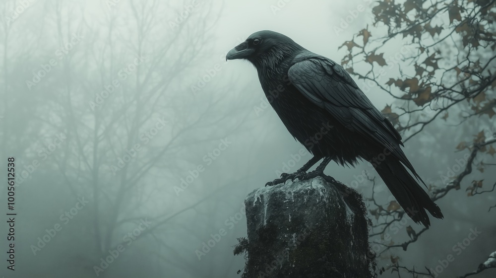 Black Crow Silhouetted Against Misty Sky Black Crow Silhouetted Against Misty Sky