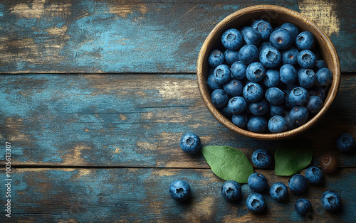 A bowl of fresh blueberries on wooden table, top view. Created with Ai