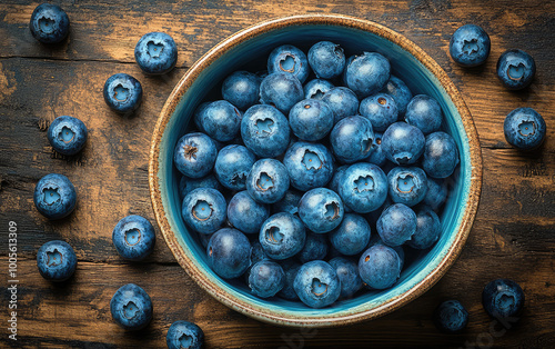 Blueberries in bowl on wooden table, top view. Created with Ai