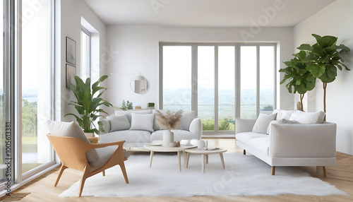 Modern urban white interior with furniture reflecting the natural beauty outside the window.