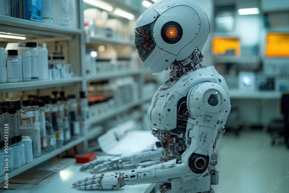 Humanoid robot in laboratory surrounded by scientific equipment, focused on research and development Humanoid robot in laboratory surrounded by scientific equipment, focused on research and development