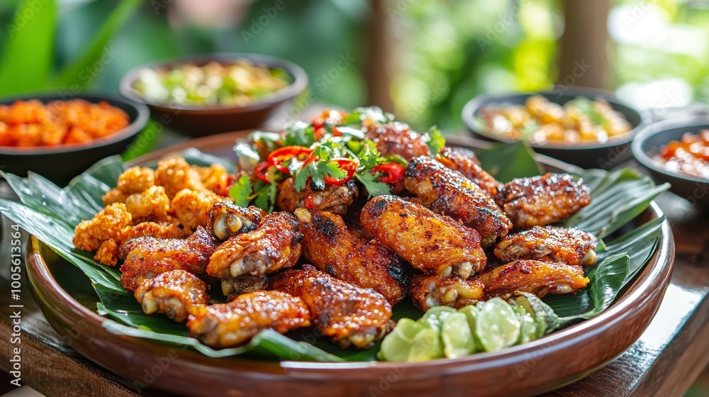 A menu of fried chicken wings arranged on a plate. Thai ASEAN food, rich in protein, vegetables, spices, grilled or fried. Fast food, convenient, fast, delicious taste. .generative ai A menu of fried chicken wings arranged on a plate. Thai ASEAN food, rich in protein, vegetables, spices, grilled or fried. Fast food, convenient, fast, delicious taste. .generative ai