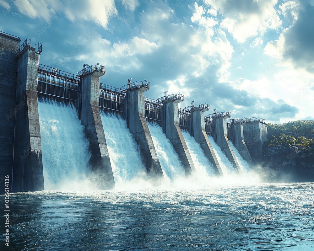 Hydroelectric dam scene with rushing water driving turbines, emphasizing clean energy generation and carbon neutrality, detailed and dynamic backdrop Hydroelectric dam scene with rushing water driving turbines, emphasizing clean energy generation and carbon neutrality, detailed and dynamic backdrop