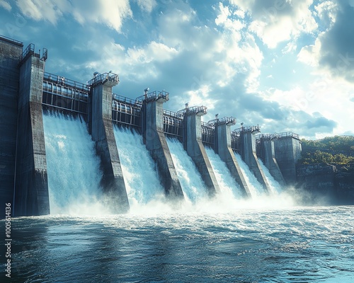 Hydroelectric dam scene with rushing water driving turbines, emphasizing clean energy generation and carbon neutrality, detailed and dynamic backdrop photo