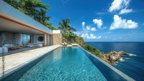 Luxurious infinity pool overlooking ocean cliffs in tropical outdoor setting