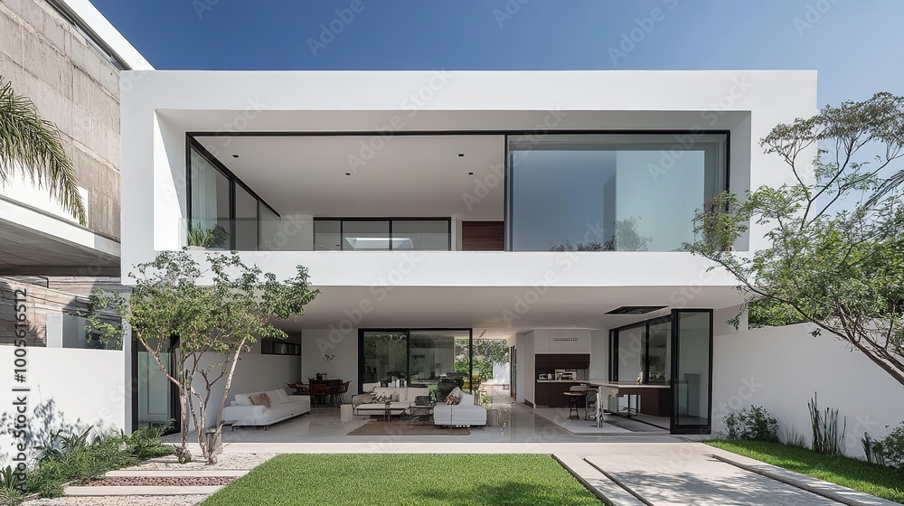 Stunning White Minimalist Home Featuring Smooth White Plaster and Elegant Black Stones on the Walls, Emphasizing a Modern Aesthetic and Clean Lines. 