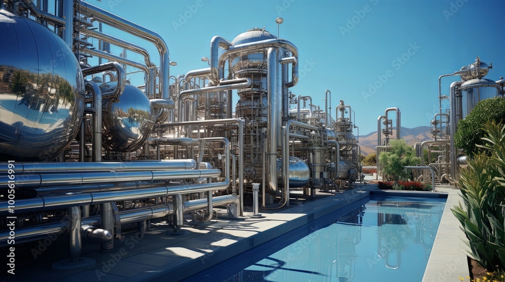 A shimmering pool reflects the industrial symphony of shiny metal pipes, tanks, and valves, a stark contrast of nature and industry. A shimmering pool reflects the industrial symphony of shiny metal pipes, tanks, and valves, a stark contrast of nature and industry.