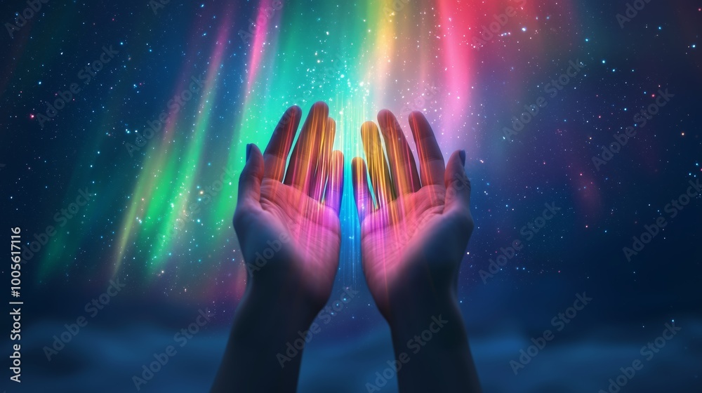 Colorful Light Beams in Open Hands Colorful Light Beams in Open Hands