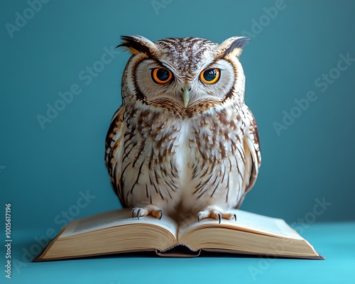 Wallpaper Mural Owl with a book on a tranquil blue backdrop, representing wisdom and education, clear copy space for text, detailed and inspiring concept image Torontodigital.ca