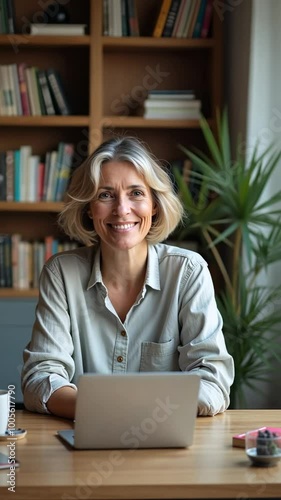 A woman is sitting at a table with a laptop in front of her. She is smiling and she is enjoying herself