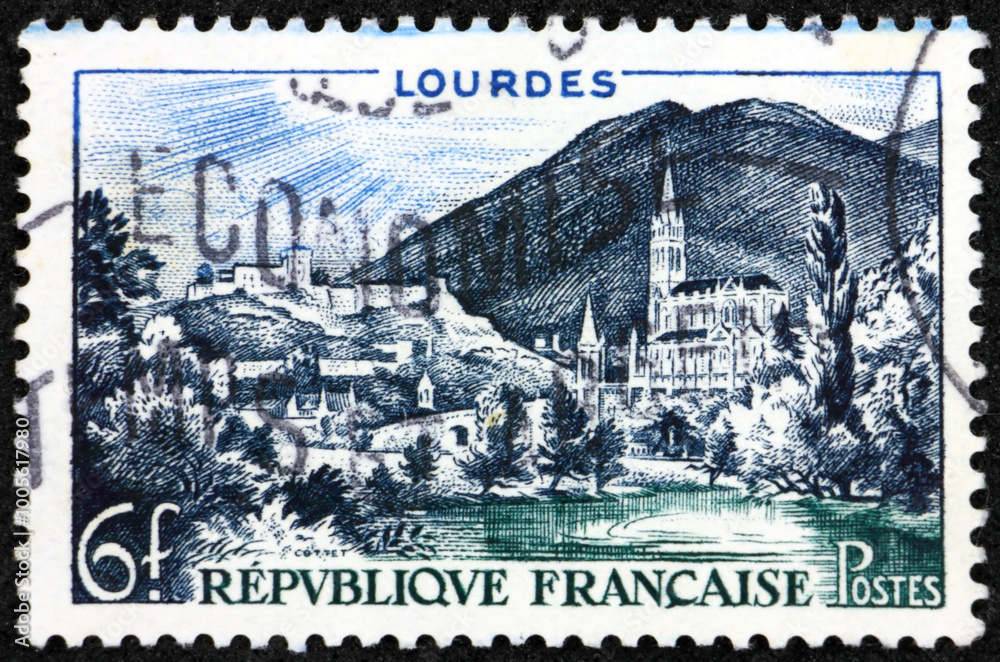 Postage stamp France 1954 View of Lourdes, France