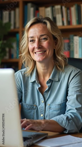 A woman is sitting at a desk with a laptop in front of her. She is smiling and she is happy