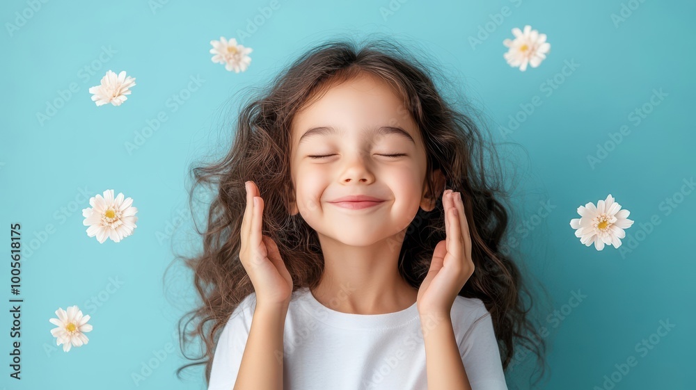 Joyful child with eyes closed, smiling amidst daisies on a blue background, conveying innocence and happiness in a playful, serene moment. Joyful child with eyes closed, smiling amidst daisies on a blue background, conveying innocence and happiness in a playful, serene moment.