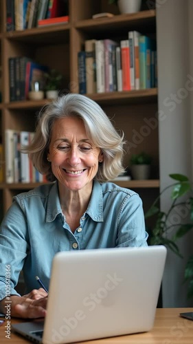 A woman is sitting at a desk with a laptop in front of her. She is smiling and she is happy