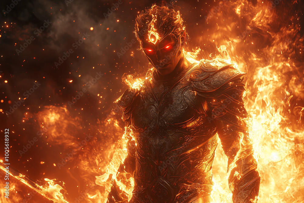 powerful efreet with fiery eyes and glowing armor amidst a blazing inferno powerful efreet with fiery eyes and glowing armor amidst a blazing inferno