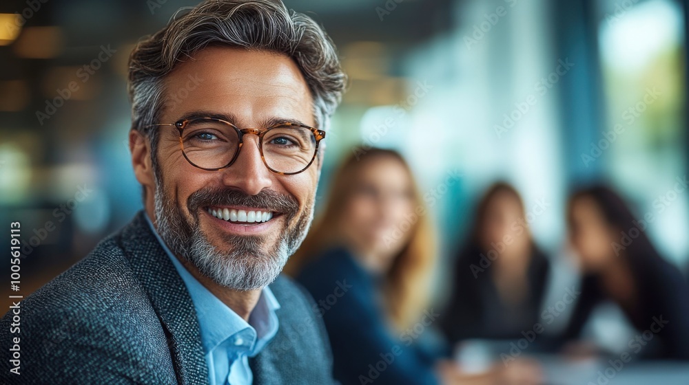 Smiling adult man in office setting with colleagues in blurred background Smiling adult man in office setting with colleagues in blurred background