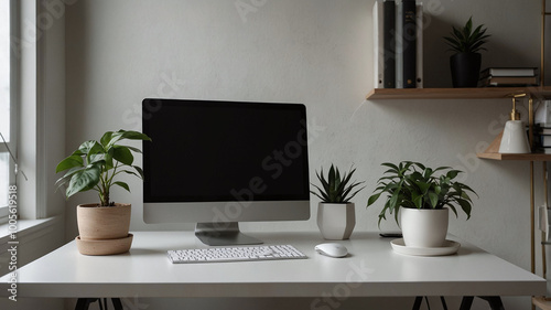 Minimalist home office setup with desktop computer and indoor plants