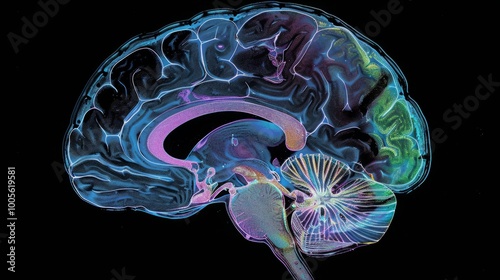 A detailed anatomical illustration of the human brain in a side view, showcasing its intricate structure and colorful neural pathways. photo