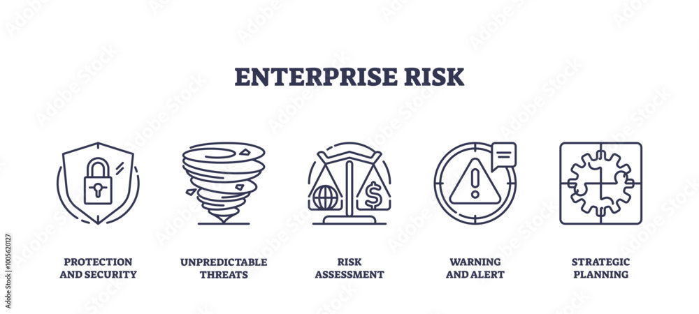 Outline icons set depicting protection, threats, risk assessment, alerts, and strategic planning, transparent background. outline icons set. Outline icons set depicting protection, threats, risk assessment, alerts, and strategic planning, transparent background. outline icons set.