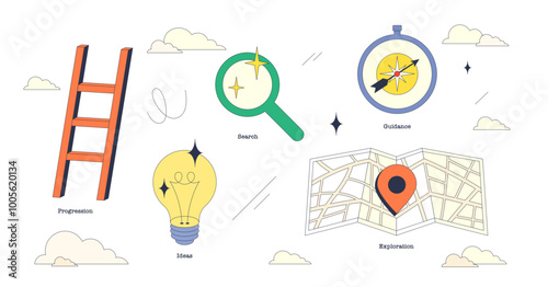 Neubrutalism style collection image depicting career exploration with ladder, magnifying glass, and map, transparent background.