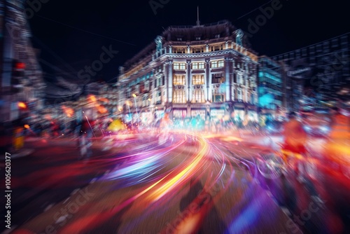 фотографія Blurred lights streak across a bustling city street at night.