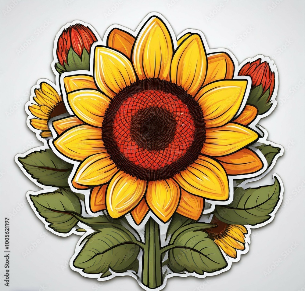 Fototapeta premium Pegatina de girasol amarillo sobre un fondo suave en blanco