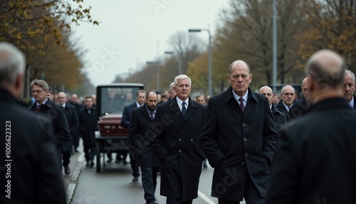 Formal procession of mourners in black suits walking solemnly down a street for a funeral ceremony photo