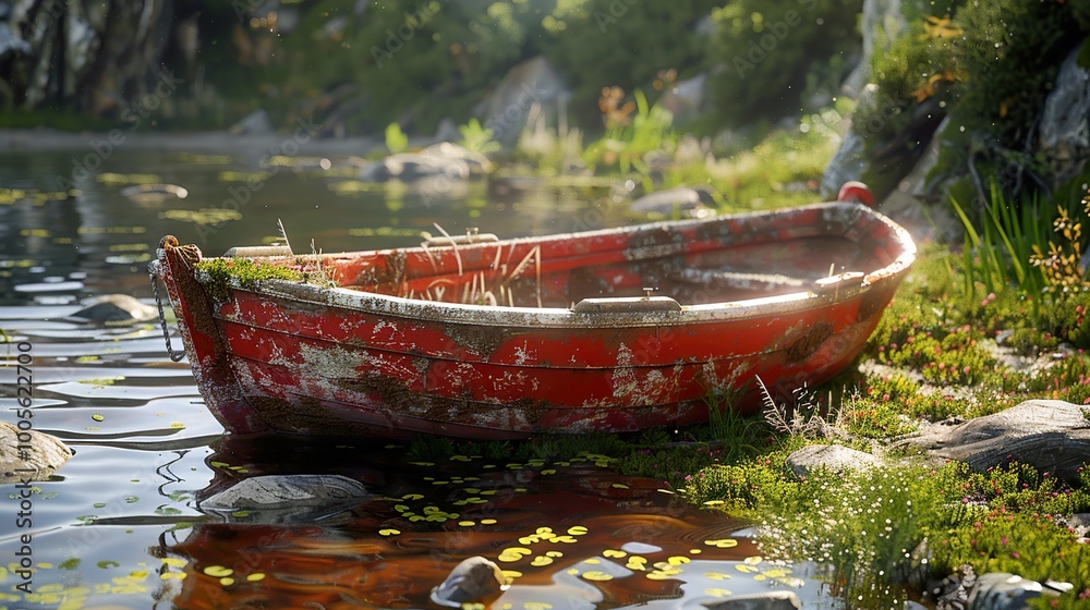 Fototapeta premium Red Boat on a Tranquil Lake - Nature Photography