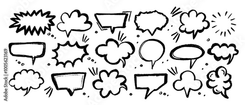 Chalk pencil speech bubbles doodle set. Crayon communication frame, comic talk balloon in sketch style, Grunge texture. Hand drawn vector illustration isolated on white background