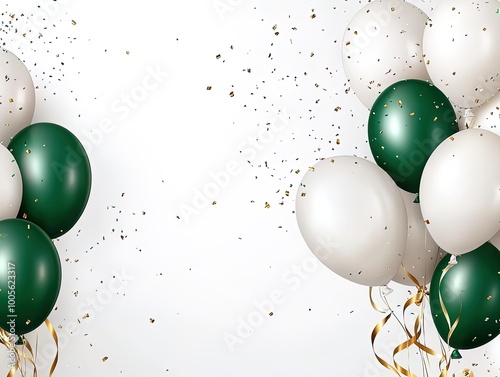Festive Green and White Balloon Decor with Gold Ribbons: Perfect Poster for Birthday Party Themes and Celebrations in Light, Airy Spaces