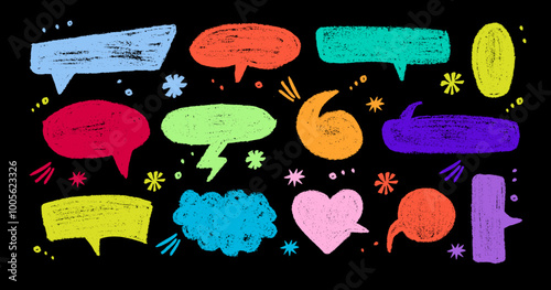 Chalk pencil speech bubbles doodle set. Crayon communication frame, comic talk balloon in sketch style, Grunge texture. Hand drawn vector illustration isolated on black background photo