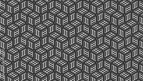 A bold geometric pattern of interlocking striped cubes creates a mesmerizing optical illusion. Perfect for modern and abstract designs.