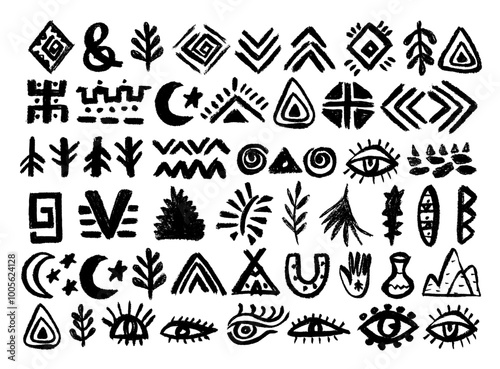 Set with african, aztec pattern elements, symbols, icons, hand-drawn in doodle style. Set of abstract african tribal geometric shapes, ancient ethnic traditional symbols and ornate signs.