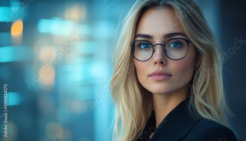 Blonde Caucasian female IT data analyst with data flow graphics, in a professional business context, featuring ample copy space for information