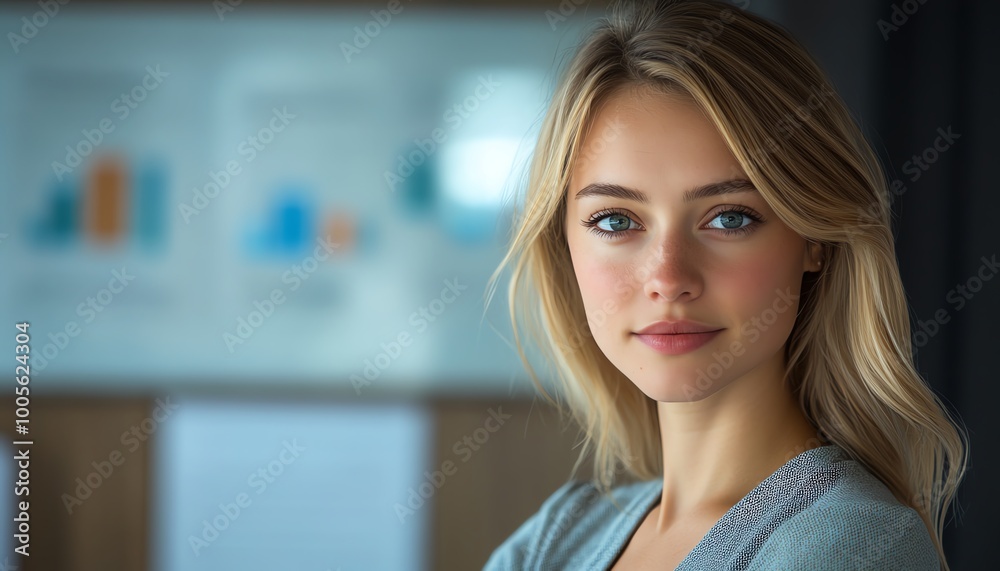 Blonde Caucasian female IT data analyst with data flow graphics, in a professional business context, featuring ample copy space for information Blonde Caucasian female IT data analyst with data flow graphics, in a professional business context, featuring ample copy space for information