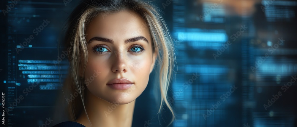Blonde Caucasian woman in IT, portrayed as a data analyst with data flow graphics, emphasizing professionalism and expertise, with ample copy space Blonde Caucasian woman in IT, portrayed as a data analyst with data flow graphics, emphasizing professionalism and expertise, with ample copy space