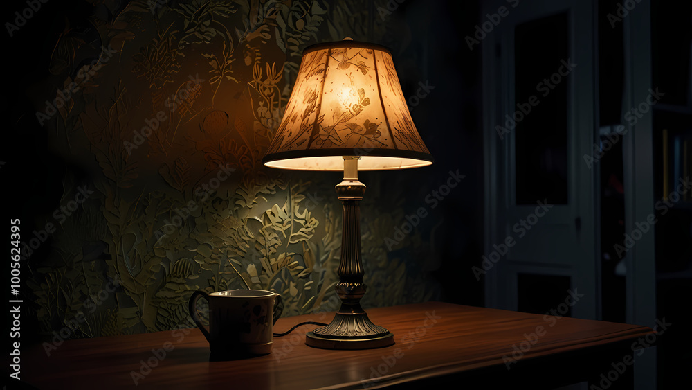 a scene featuring a glowing lamp in a dark, dimly lit room a scene featuring a glowing lamp in a dark, dimly lit room