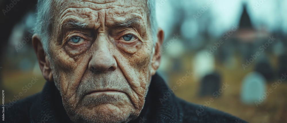 Closeup of an old grandfather contemplating death and the end of life, with a cemetery in the background, detailed and poignant portrait Closeup of an old grandfather contemplating death and the end of life, with a cemetery in the background, detailed and poignant portrait