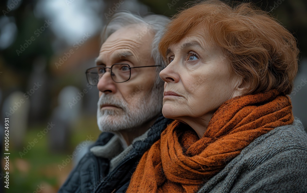 Closeup of old married grandparents, a mature man and woman, pondering death and the end of life, with a cemetery view, capturing their contemplative expressions Closeup of old married grandparents, a mature man and woman, pondering death and the end of life, with a cemetery view, capturing their contemplative expressions