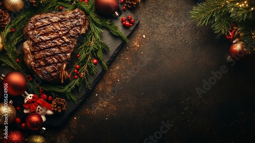 Christmas supper for two: a stone table with grilled beef steak, ribeye, vegetables, and seasonings; toys for the New Year's with copy space
