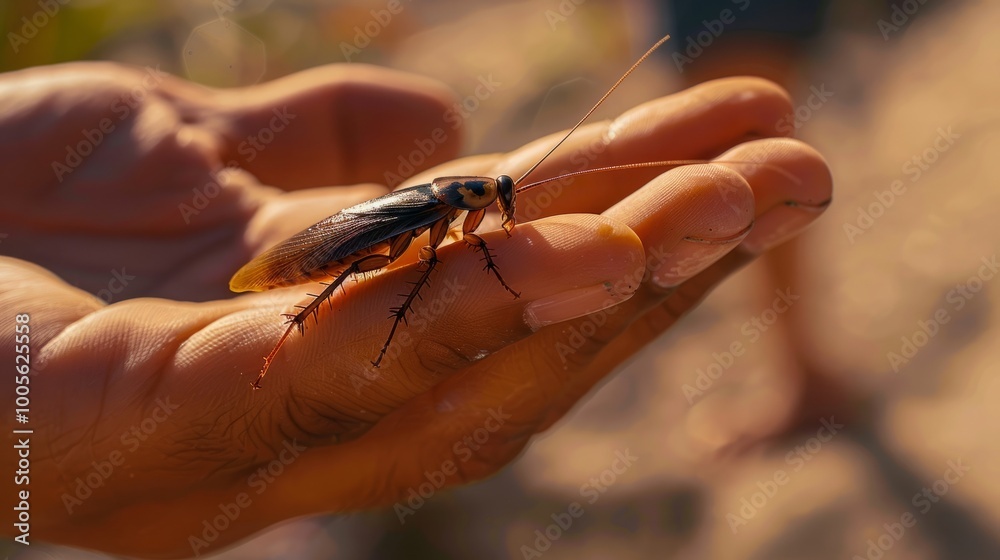 Obraz premium A close-up shot of a cockroach resting on a person's hand.