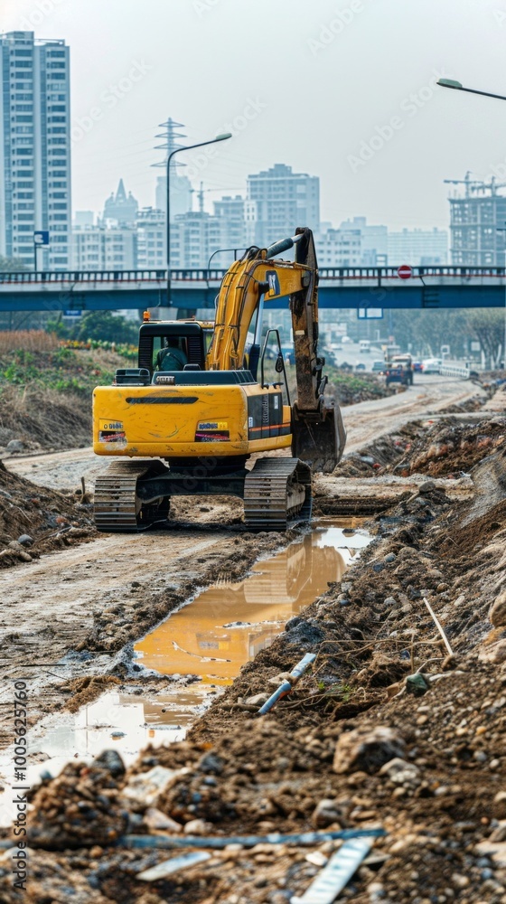 A yellow construction vehicle is digging a trench in a city A yellow construction vehicle is digging a trench in a city