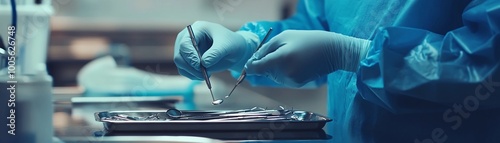 Dentist preparing dental tools, sterilizing dental instruments on a tray