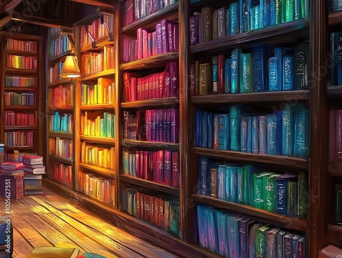 Enchanting Cozy Library: A Vibrant Poster of Colorful Books and Warm Lighting, Perfect for Inviting Spaces and Inspiring Dreams