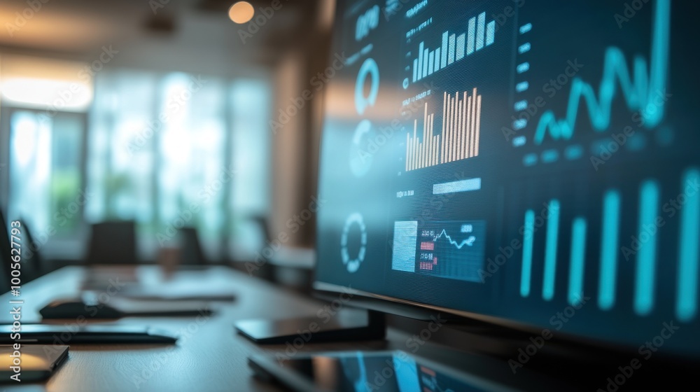 A close-up of a digital screen displaying business analytics and data visualizations.