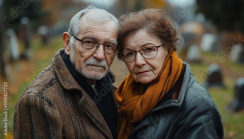 Mature grandparents, elderly man and woman, thinking about death with a cemetery in the background, symbolizing their reflections on life s conclusion